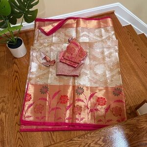 Elegant Gold and Pink Floral Saree